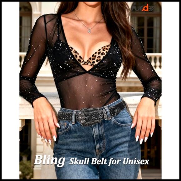 Rhinestone Skull Belt Punk Fashion Studded Leather Belt for Jeans Pants